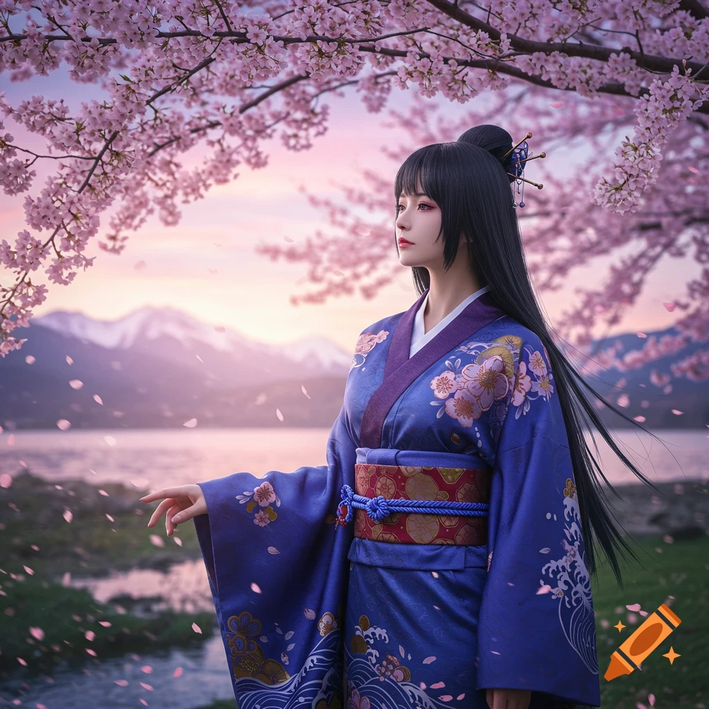 A woman in a blue kimono with floral patterns stands under pink cherry blossoms by a lake with mountains at sunset.