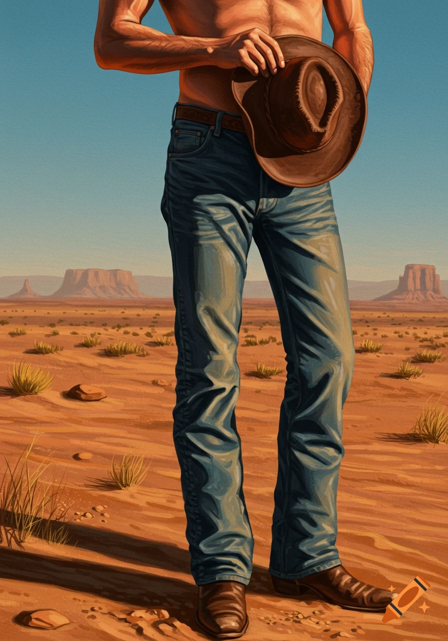 Painterly illustration of a shirtless man in jeans holding a cowboy hat in a desert with mesas.