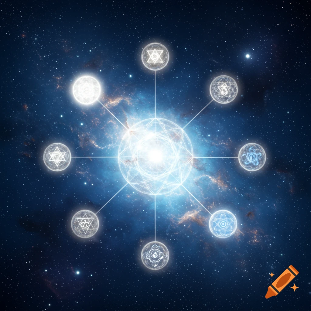 A glowing, intricate geometric symbol at the center of a cosmic blue nebula, surrounded by eight smaller symbols connected by lines.