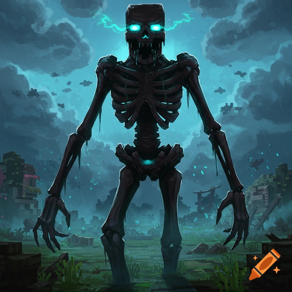 A dark, skeletal Minecraft Wither monster with glowing blue eyes and lightning stands in a stormy, ruined world.