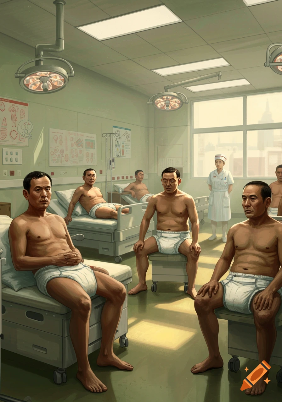 Illustrative image of shirtless men in white adult briefs in a hospital room, with a nurse standing in the background.