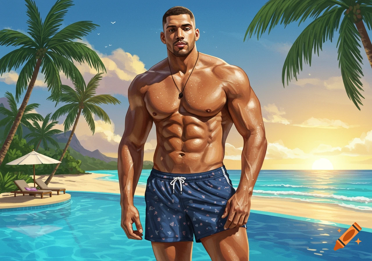 A muscular man with a buzzcut and stubble stands shirtless in swim trunks on a tropical beach next to a pool at sunset.