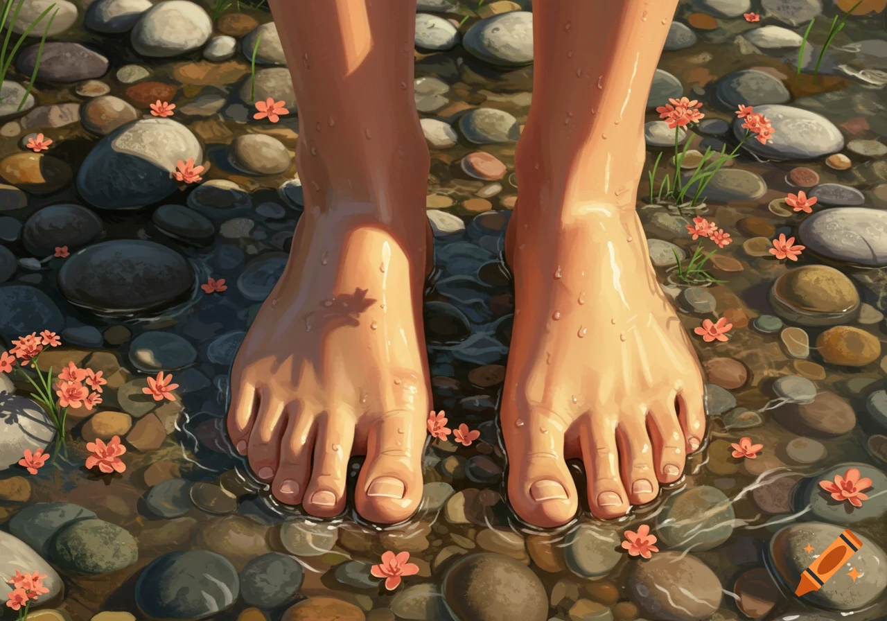 Two bare feet stand in shallow clear water amidst smooth river stones and small pink flowers, with sunlit reflections.