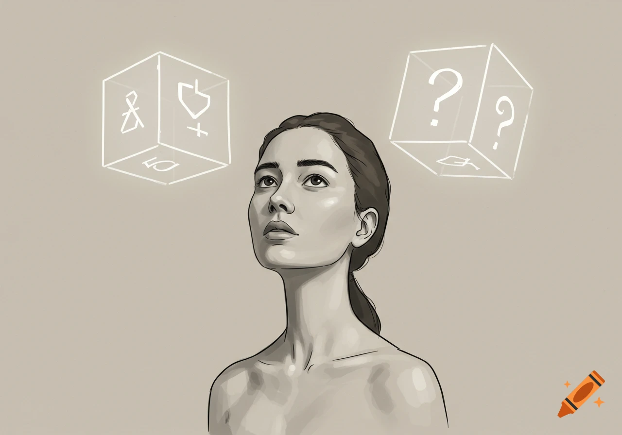 A monochrome illustration of a woman looking up thoughtfully at two glowing cubes with various symbols, suggesting a choice.