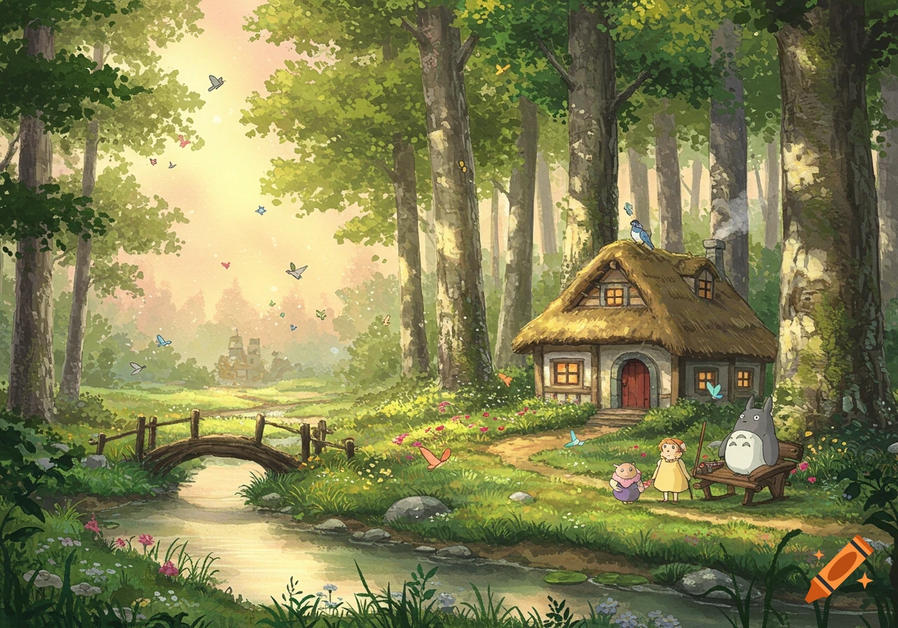 Whimsical Studio Ghibli-style illustration of a girl, Totoro, and Chibi-Totoro near a thatched cottage in a lush forest.