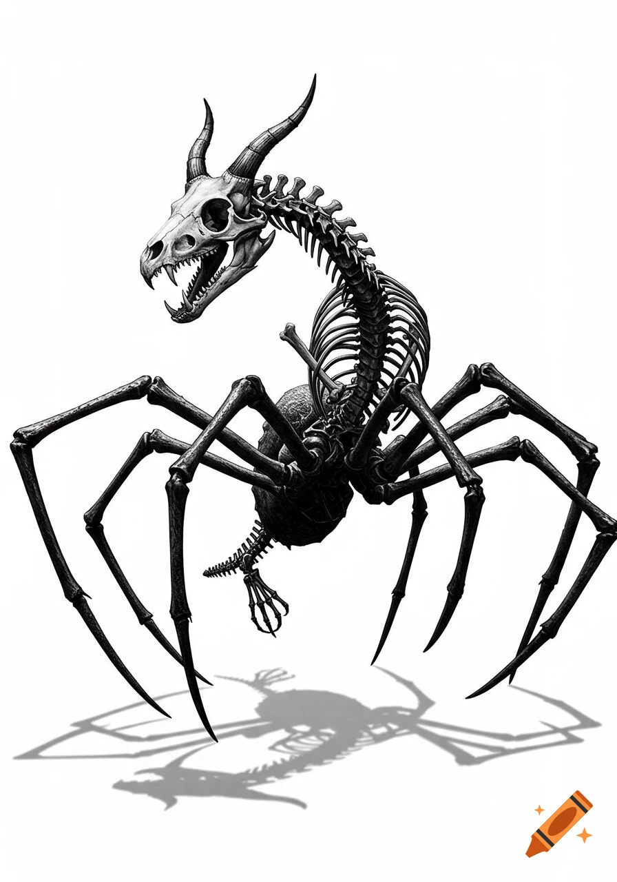A black and white illustration of a dragon skeleton with spider legs on a white background.
