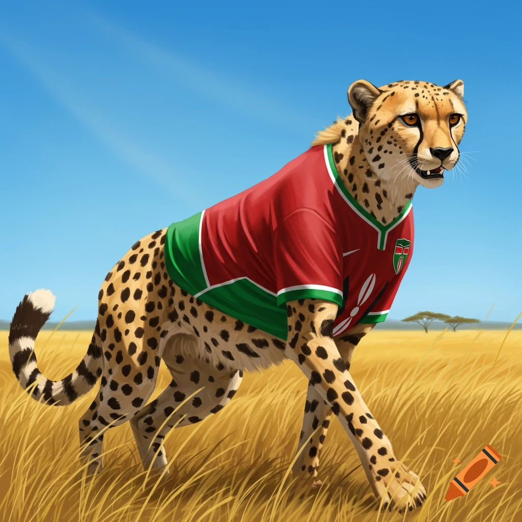 A cheetah wears a red and green Kenyan football jersey while walking through tall golden grass under a blue sky.