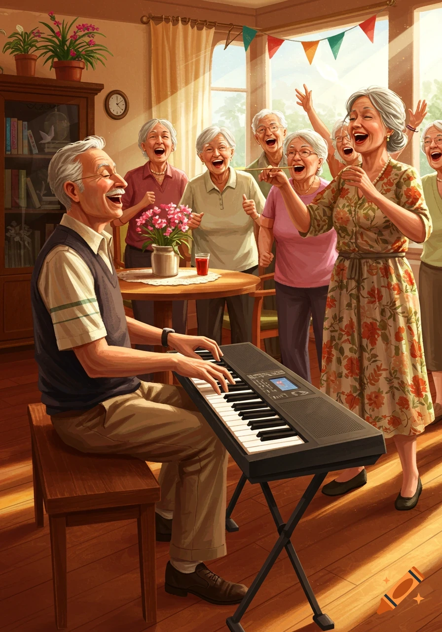 Illustration of happy senior citizens singing along to an older man playing a keyboard in a bright room.