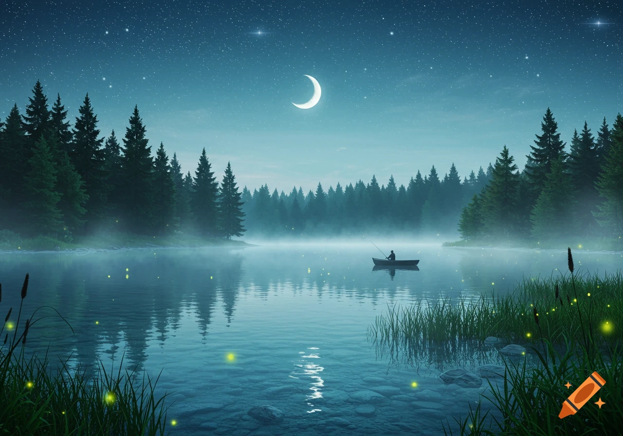 A person in a boat fishes on a misty lake surrounded by pine trees under a starry night sky with a crescent moon and glowing fireflies.
