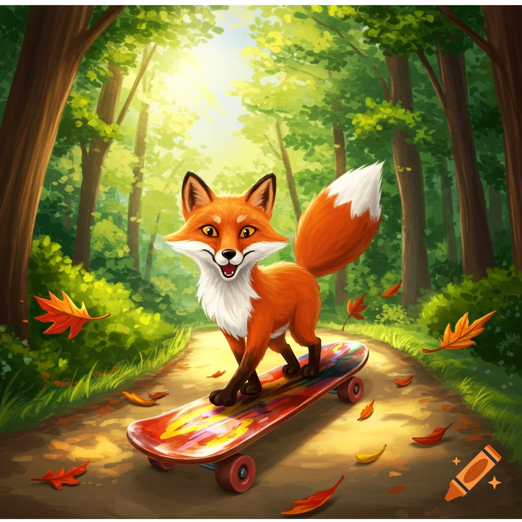 A happy cartoon fox rides a skateboard on a sunny forest path, with autumn leaves scattered around.
