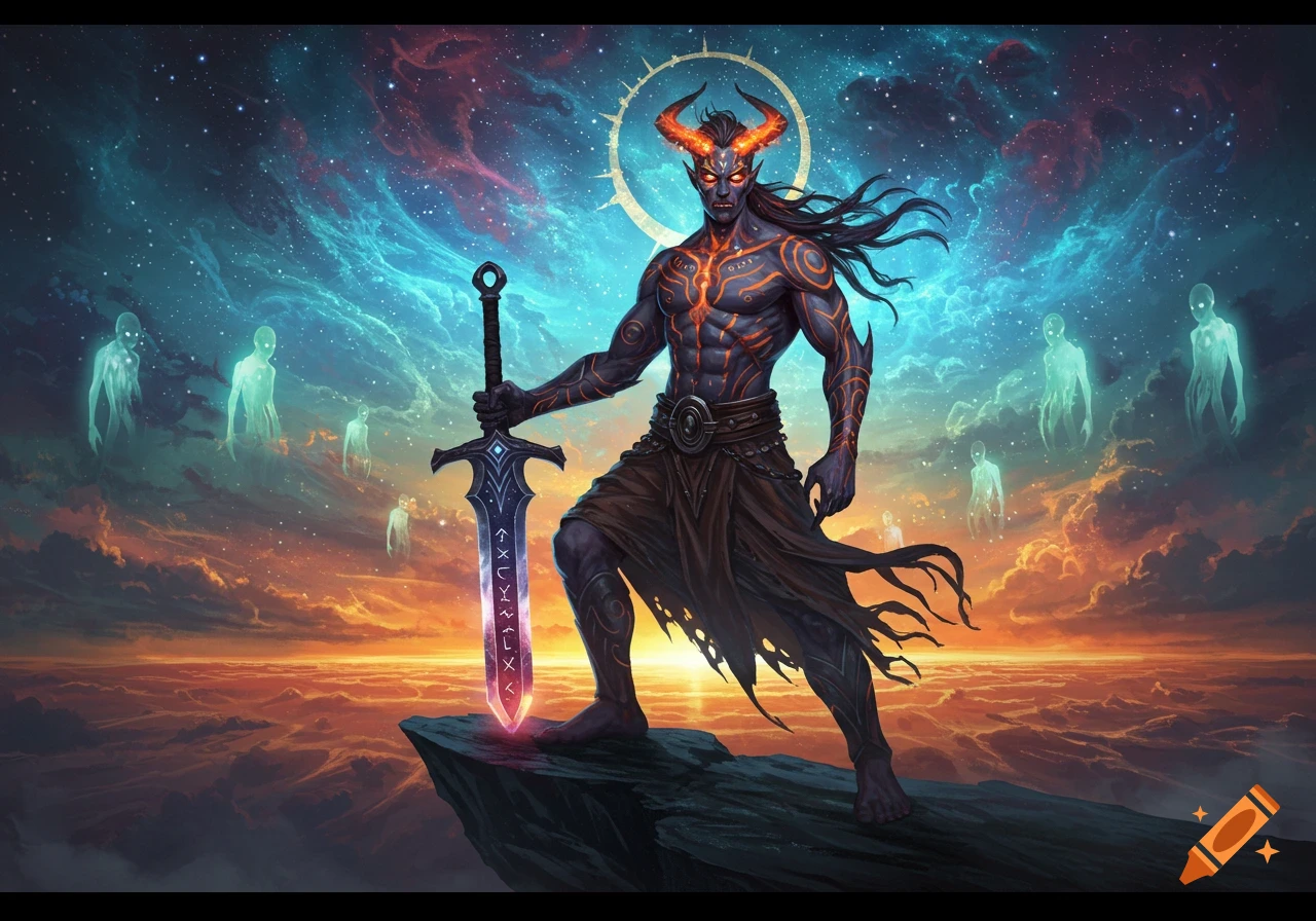 A fierce, horned demon with glowing eyes and tattoos stands on a cliff, holding a large, glowing sword against a cosmic sunset sky.
