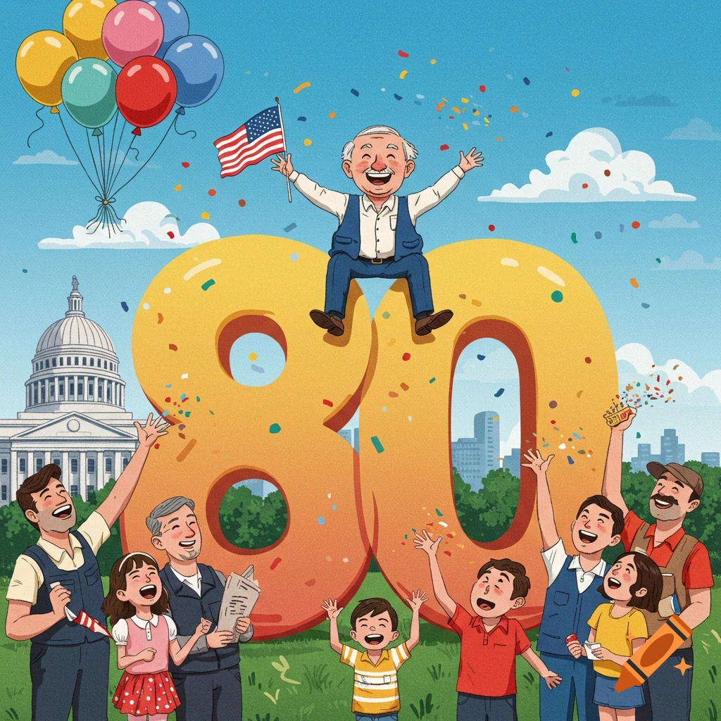 Cartoon of an elderly man on a giant "80", waving an American flag, surrounded by cheering families and confetti, with the Capitol building in the background.