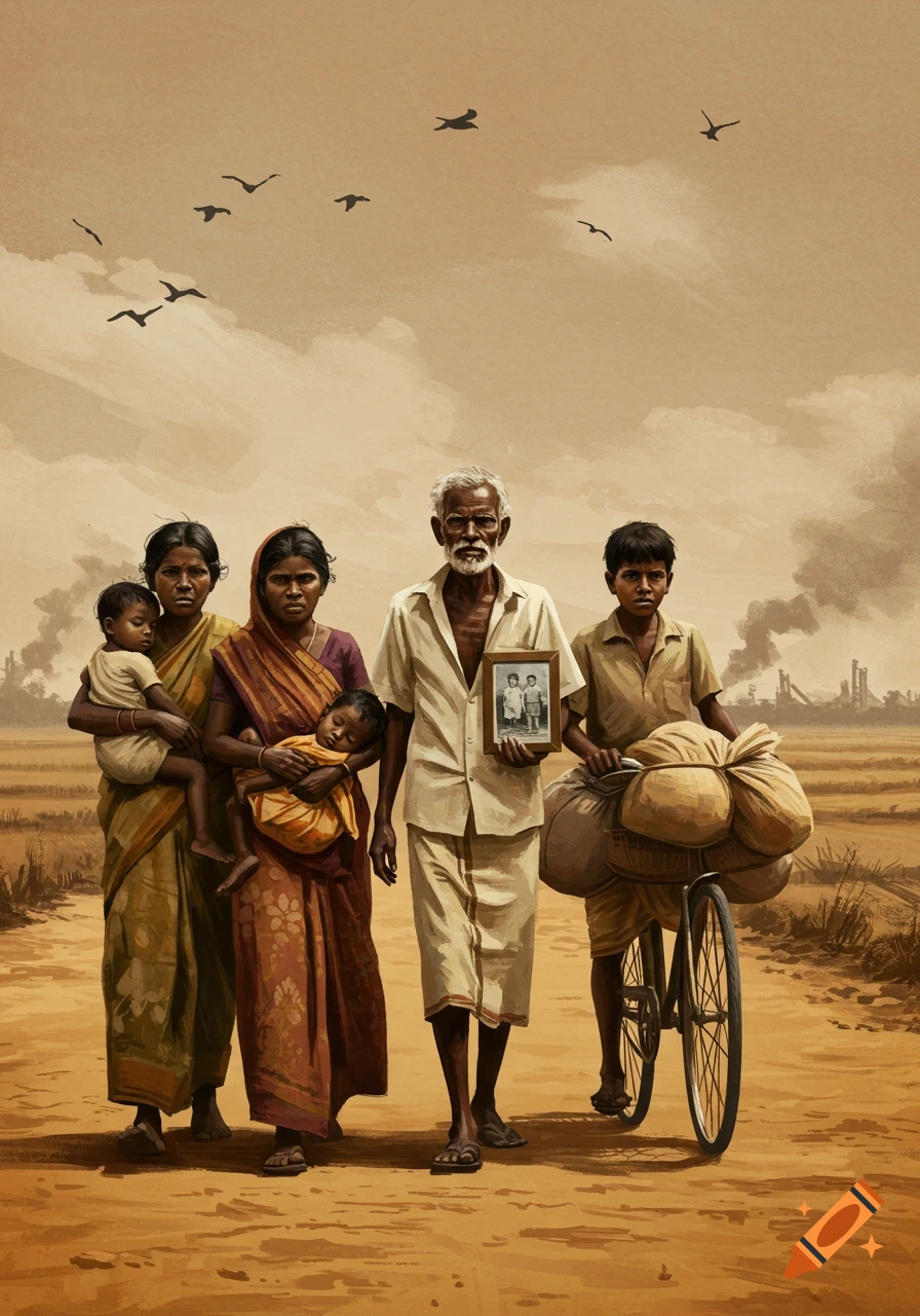 Somber painting of a displaced Tamil family walking a dusty road: an old man with a photo, women with babies, and a boy with a bicycle.