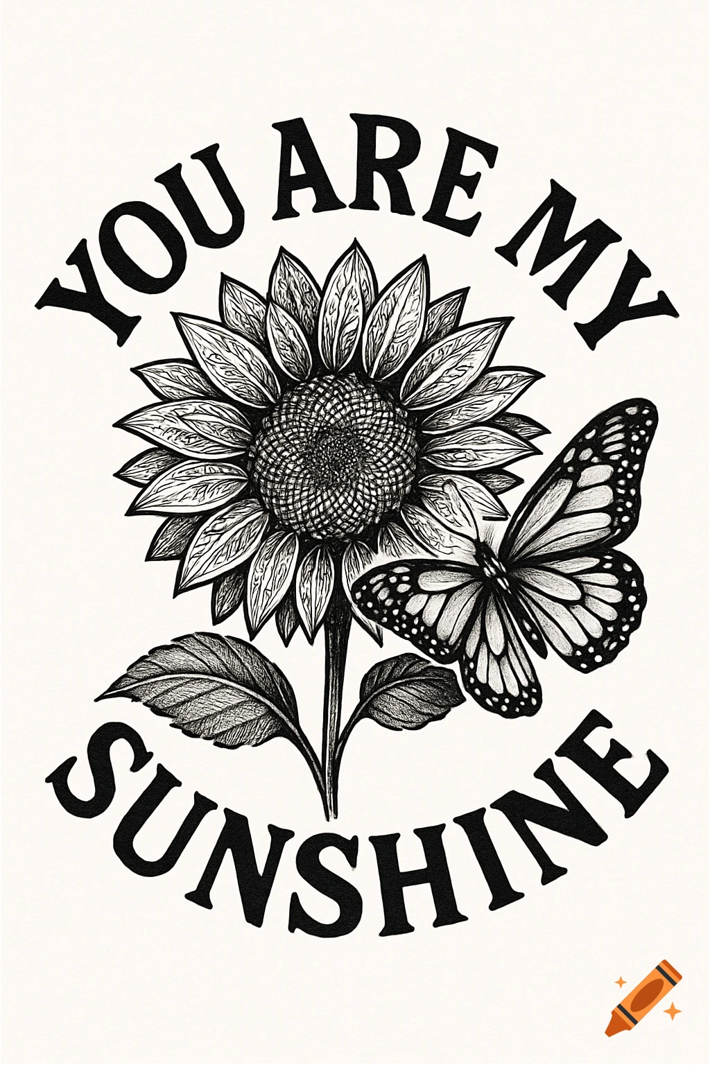 Black and white line art illustration of a sunflower with a butterfly and the text 'YOU ARE MY SUNSHINE'.
