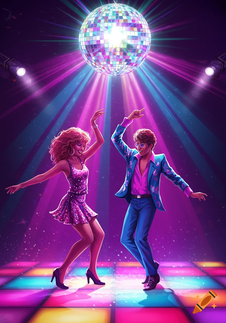 A vibrant illustration of a man and woman dancing under a glittery disco ball and colorful lights on a retro dance floor.