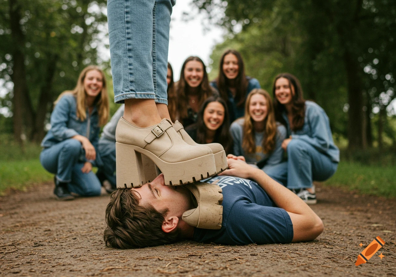A person's beige platform shoe rests on a man's face as he lies on the ground, surrounded by laughing women.