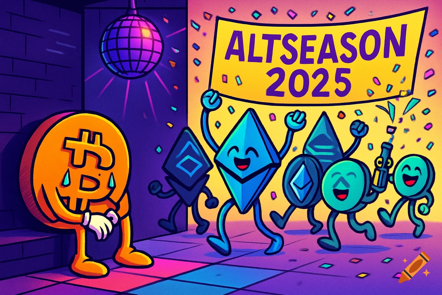 A vibrant cartoon shows a sad Bitcoin crying in a corner at a disco while happy altcoins celebrate with an 'ALTSEASON 2025' banner and confetti.