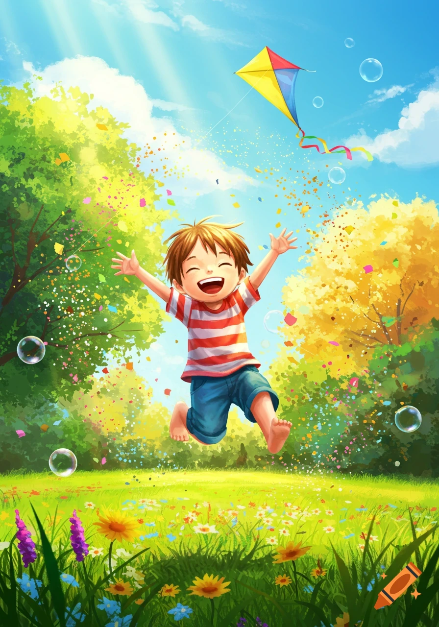 A joyful cartoon boy jumps barefoot in a sunny field, surrounded by confetti, bubbles, and a flying kite.