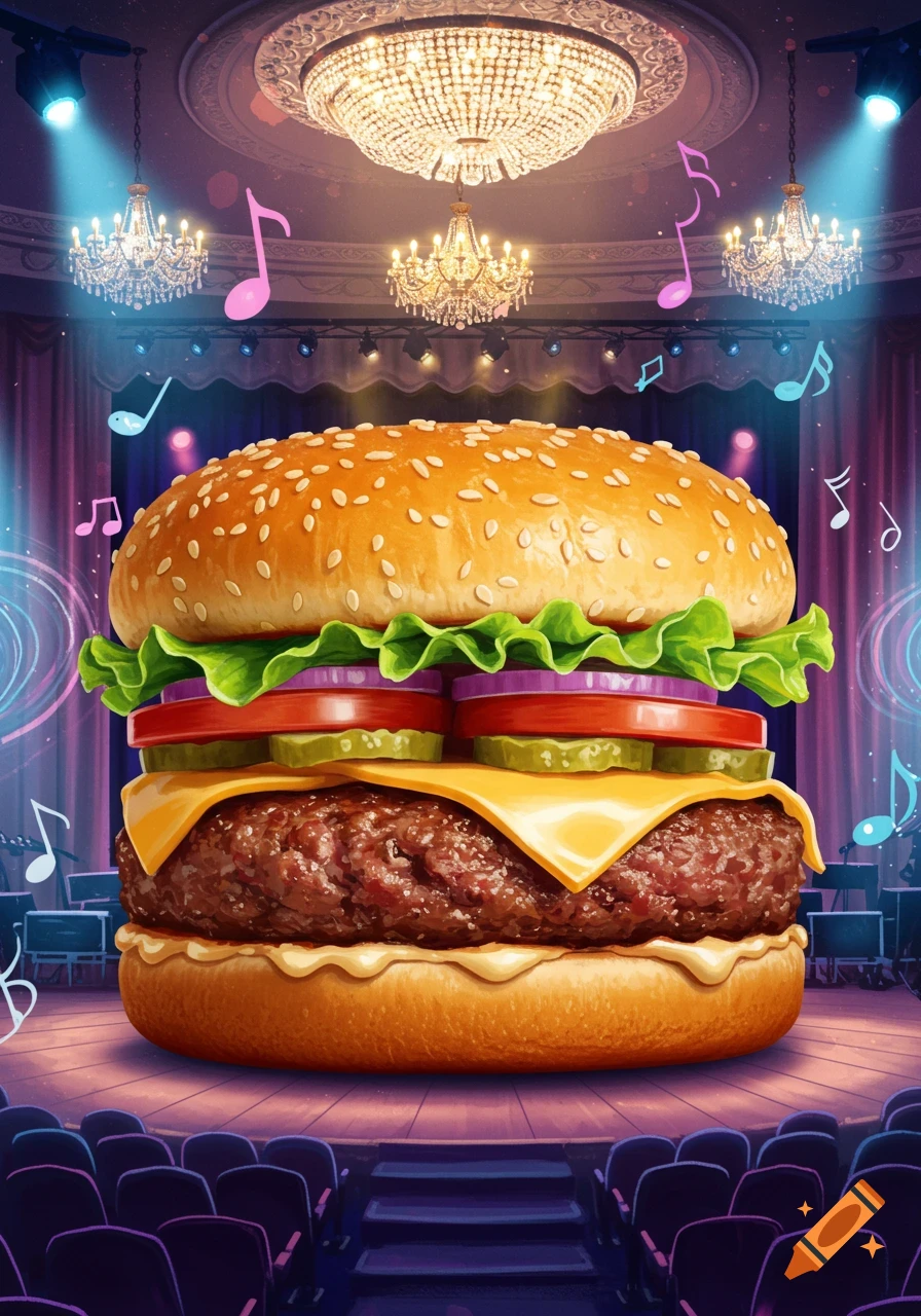 A giant cheeseburger with all the toppings stands centered on a theater stage, surrounded by floating musical notes and chandeliers. The stage has purple seats in the foreground.