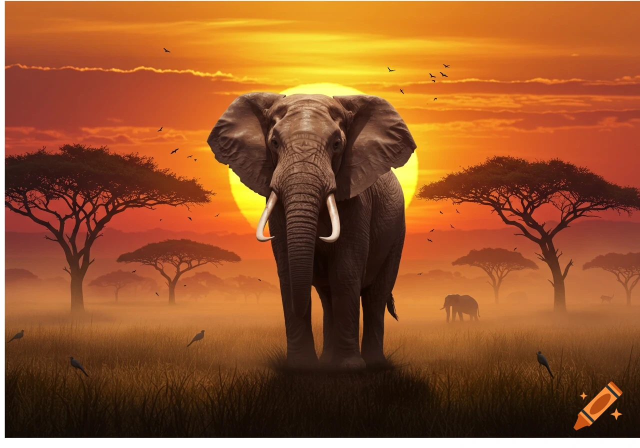 A large elephant stands in a grassy savanna at sunset, with acacia trees and birds silhouetted against an orange sky.