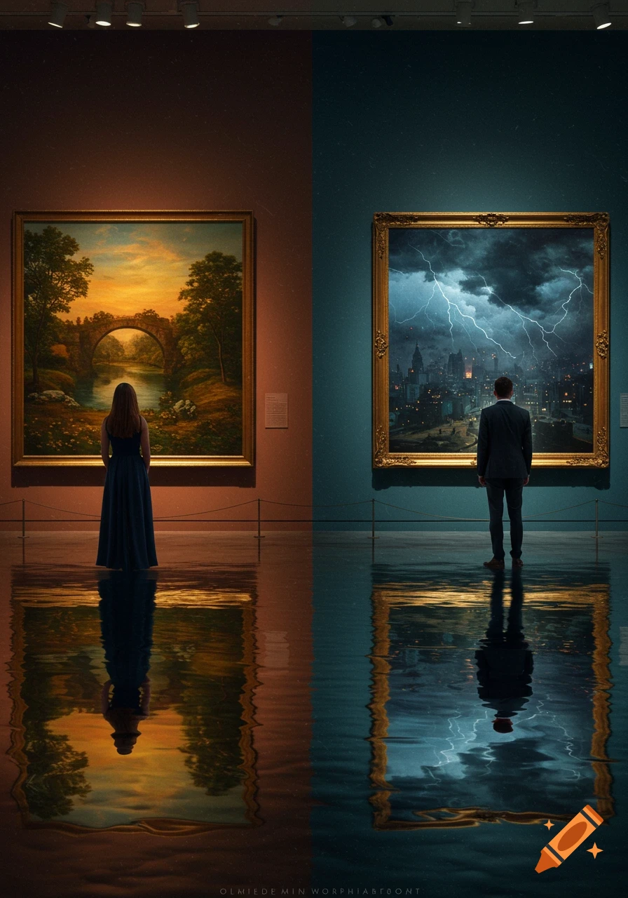 A woman views a tranquil landscape painting on the left, and a man views a stormy city painting on the right, both reflected in a watery floor.