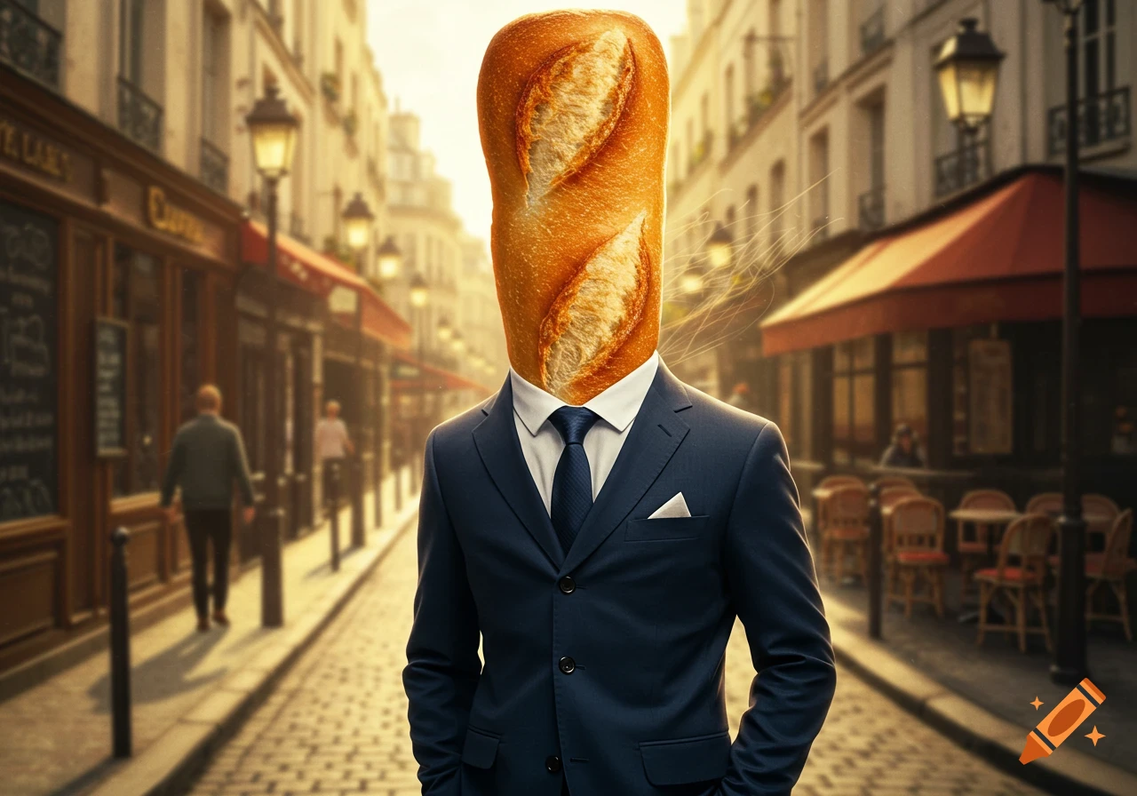A man in a suit with a baguette for a head stands on a cobblestone street in a European city.