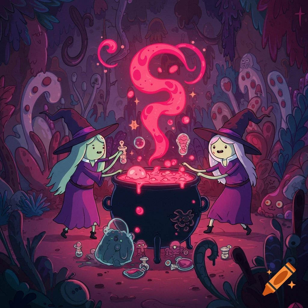 Two cartoon witches in a dark, magical forest brew a glowing pink potion in a cauldron, Adventure Time style.