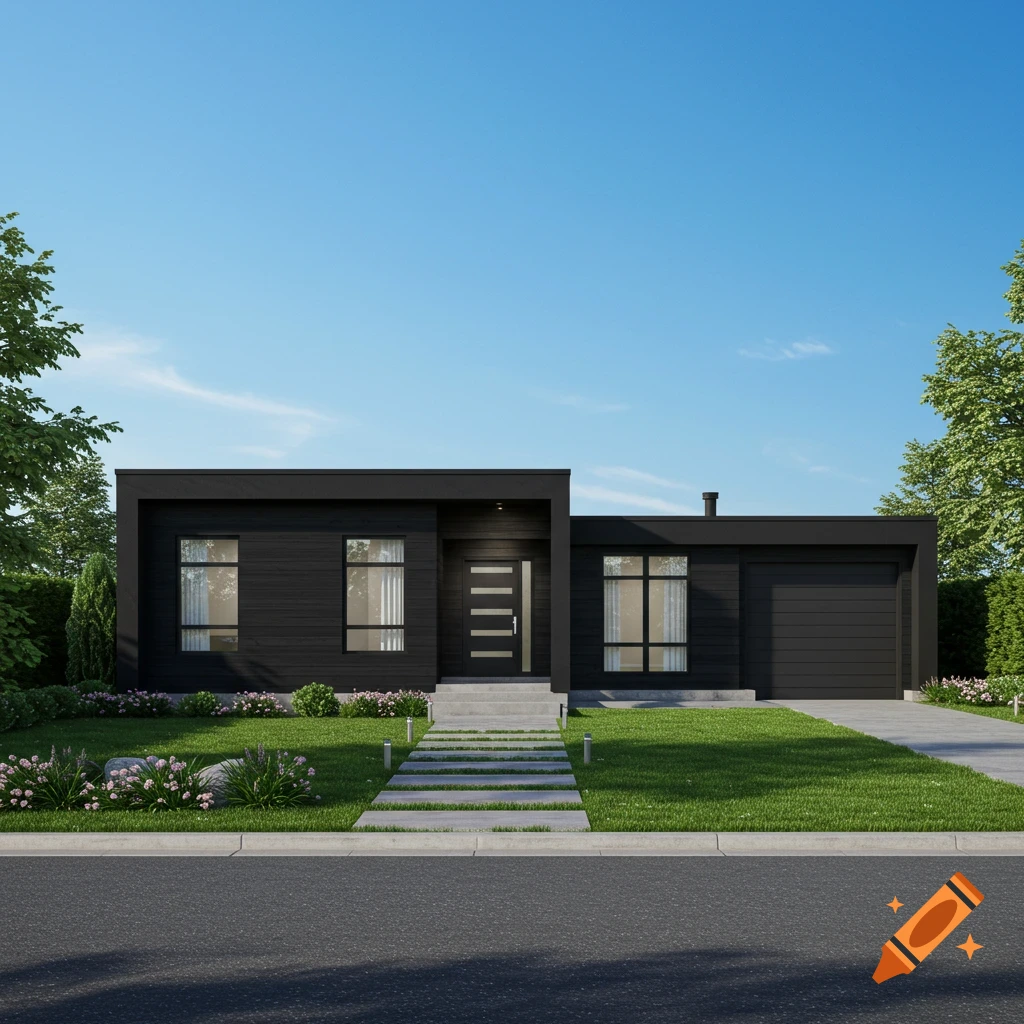 A photorealistic modern black single-story bungalow with a concrete base, large windows, and a green lawn under a blue sky.
