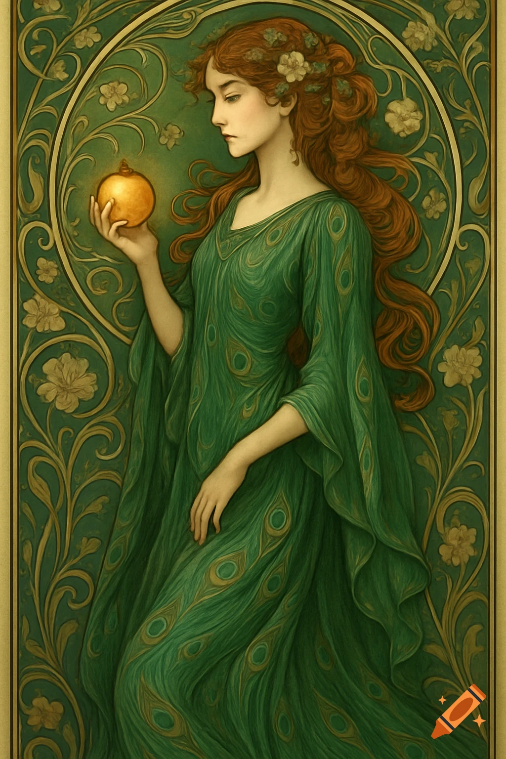 An Art Nouveau portrait of a woman with long red hair and a green dress, holding a golden apple, against a green floral background.