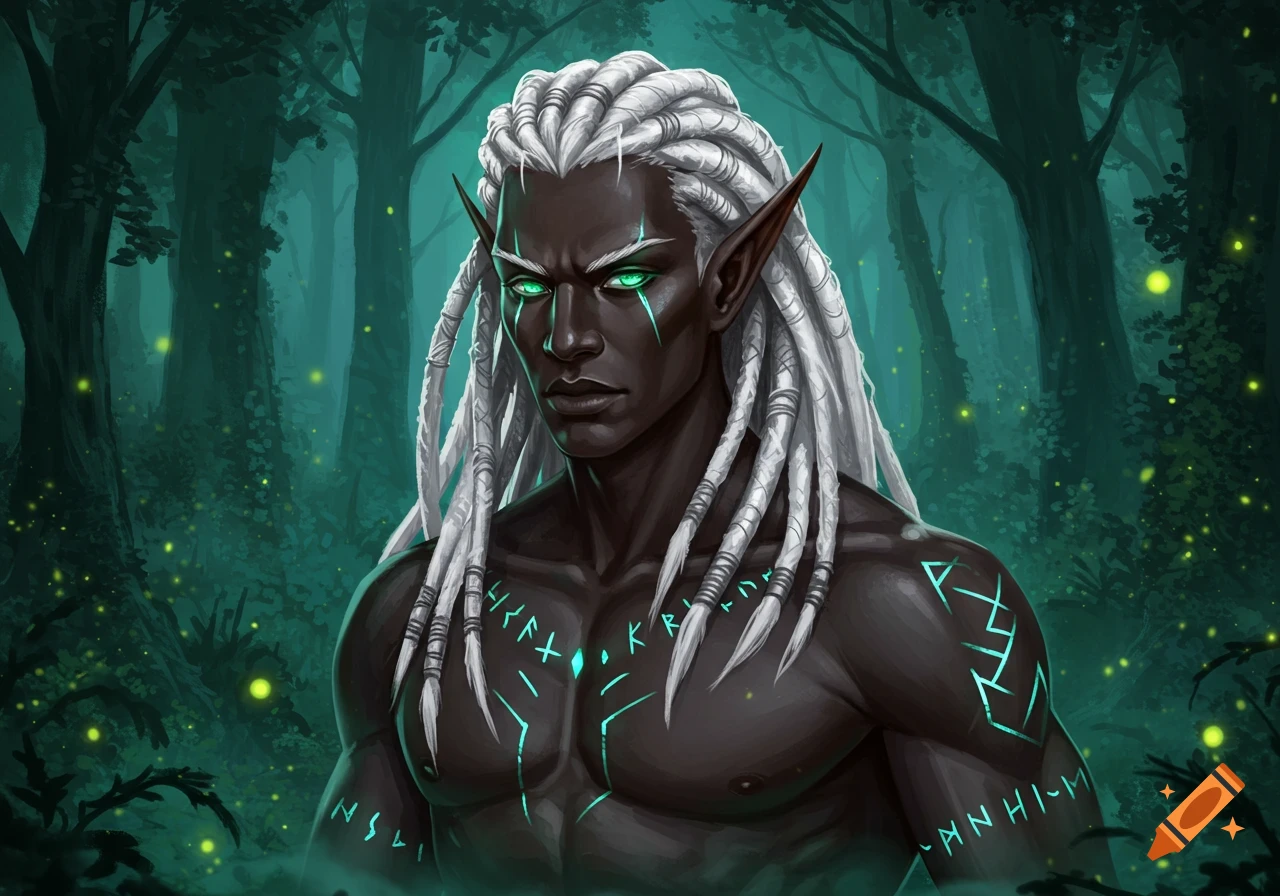 A dark-skinned male elf with white dreadlocks, glowing green eyes, and bright blue runic tattoos on his bare chest, stands in a mystical dark forest.