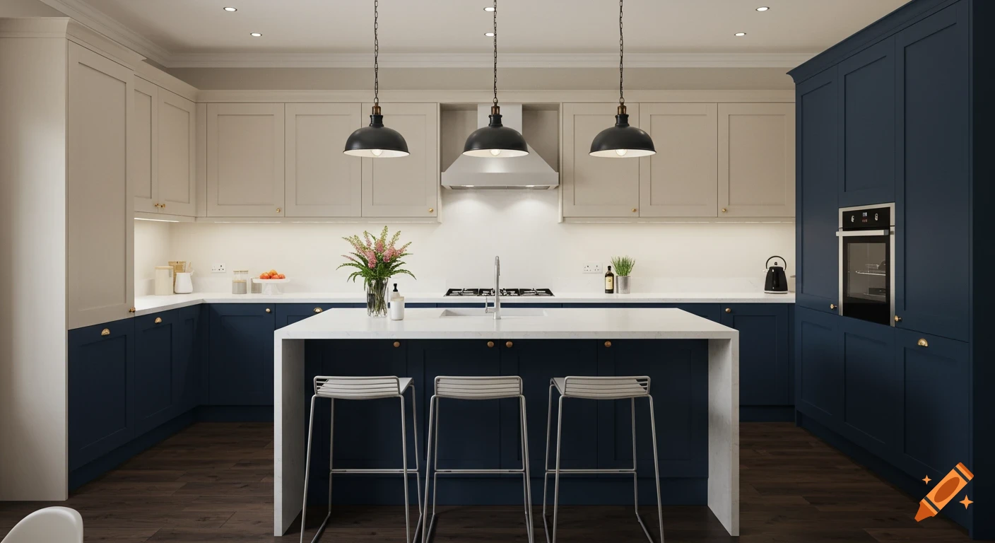 Photorealistic modern kitchen with beige upper and navy lower cabinets, white island and counters, dark wood floor, and three pendant lights.