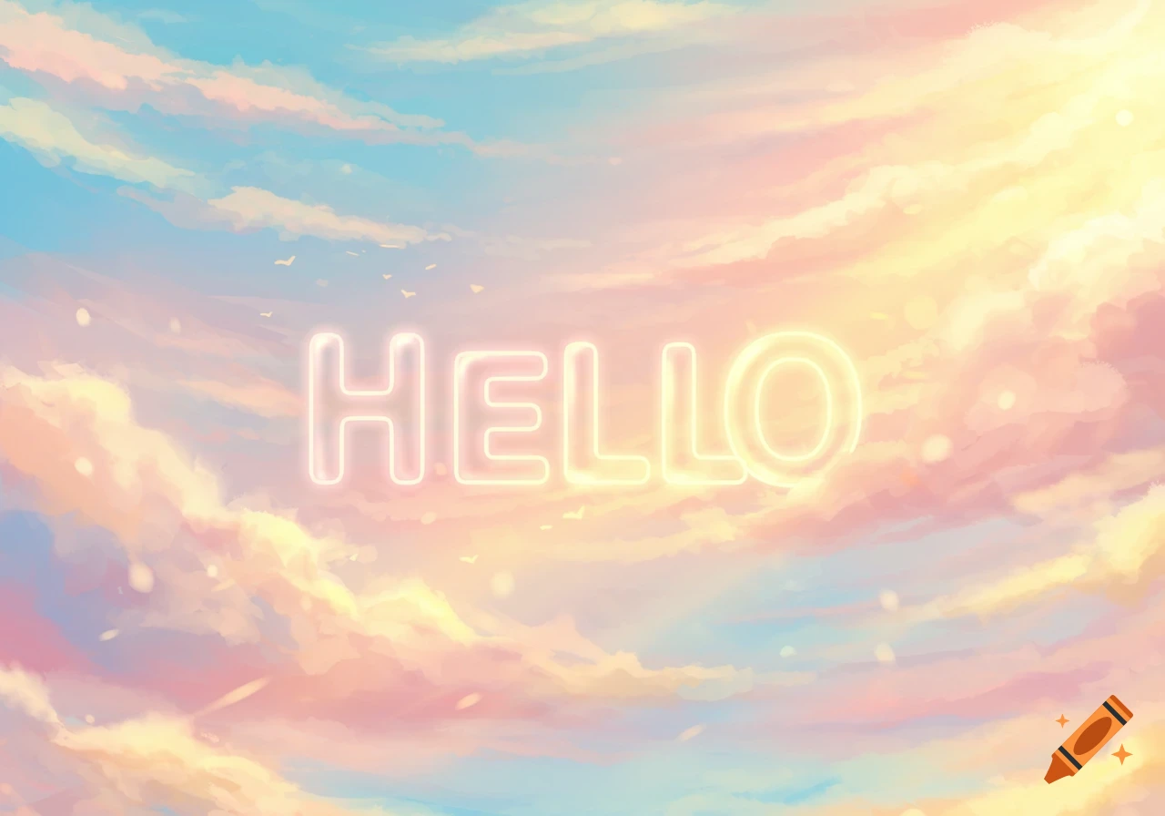 Glowing neon "HELLO" sign against a pastel sky with pink, yellow, and blue clouds.