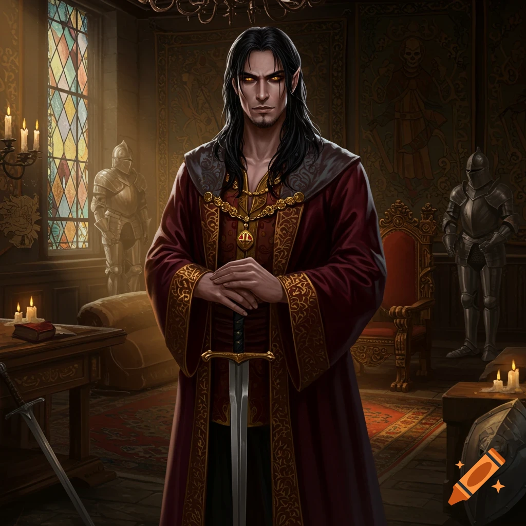 A dark-haired fantasy lord with glowing yellow eyes, pointed ears, and a regal red robe stands holding a sword in a candlelit chamber.
