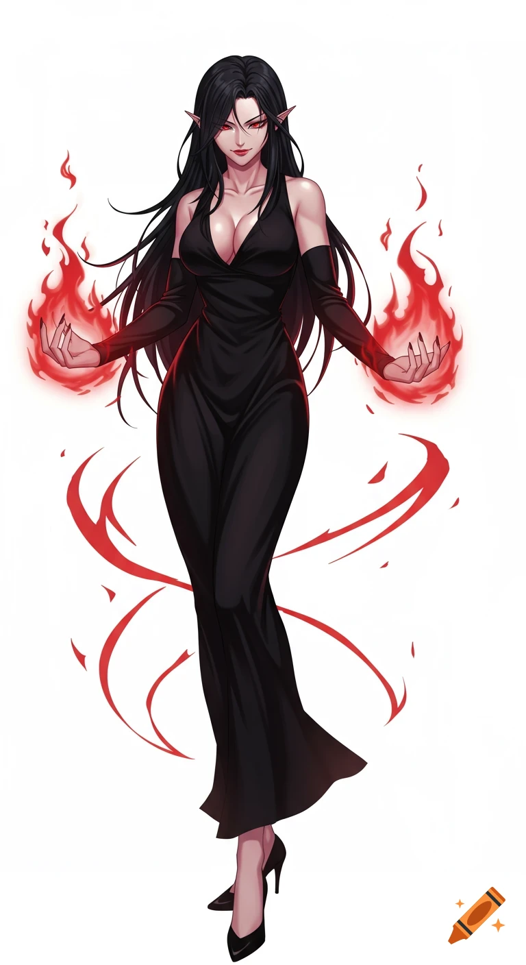 Anime woman with long black hair, ruby eyes, and a black evening dress, casting red fire magic.