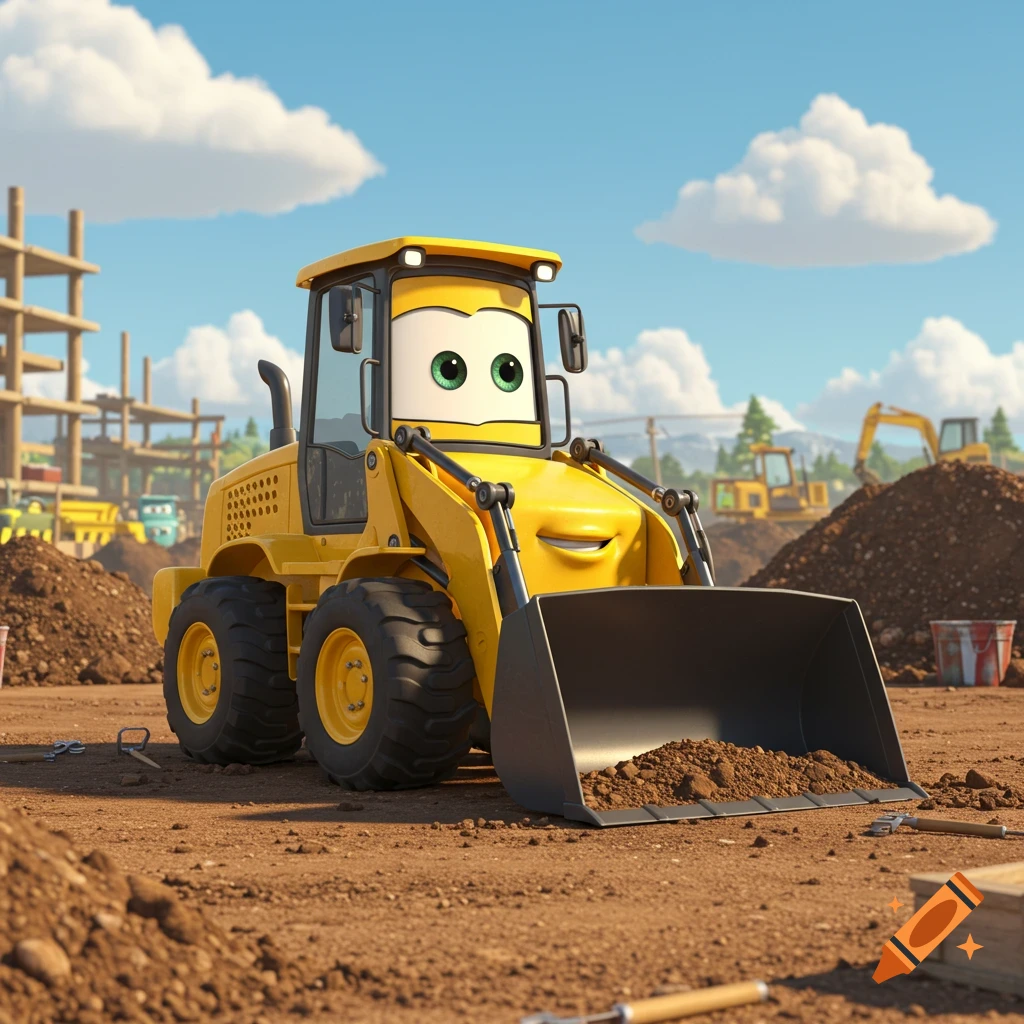 A friendly yellow cartoon skidloader with a smiling face at a sunny construction site, in the style of the 'Cars' movie.