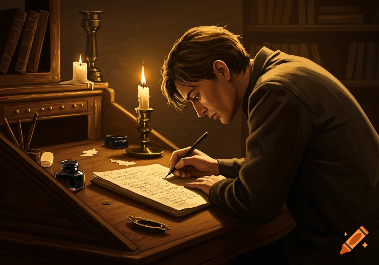 A person writes in a journal with a fountain pen at a candlelit wooden desk, with books in the background. Illustrative style.