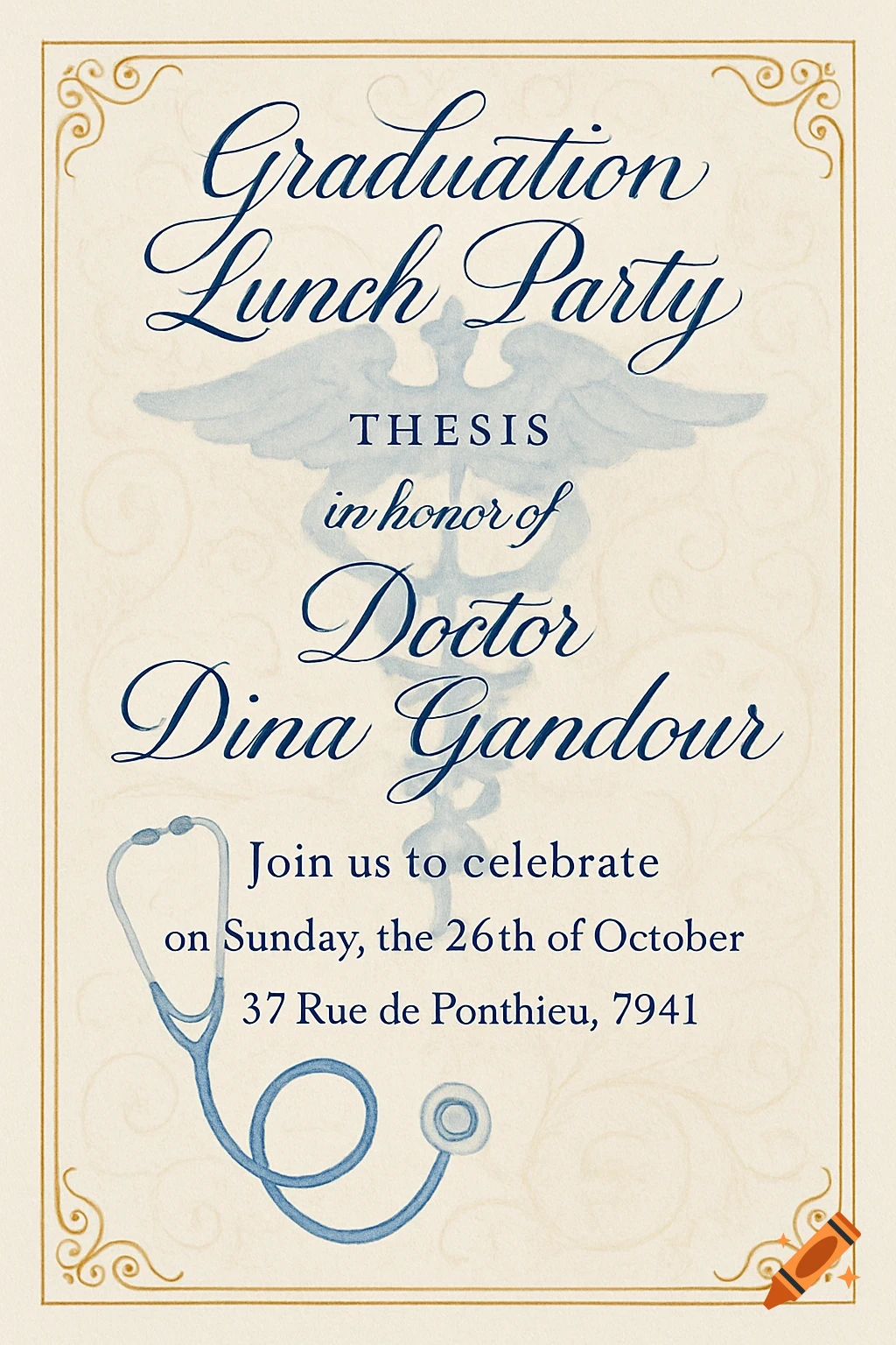 An elegant cream and gold invitation card for a 'Graduation Lunch Party' for 'Doctor Dina Gandour', featuring a light blue Caduceus symbol and a stethoscope.