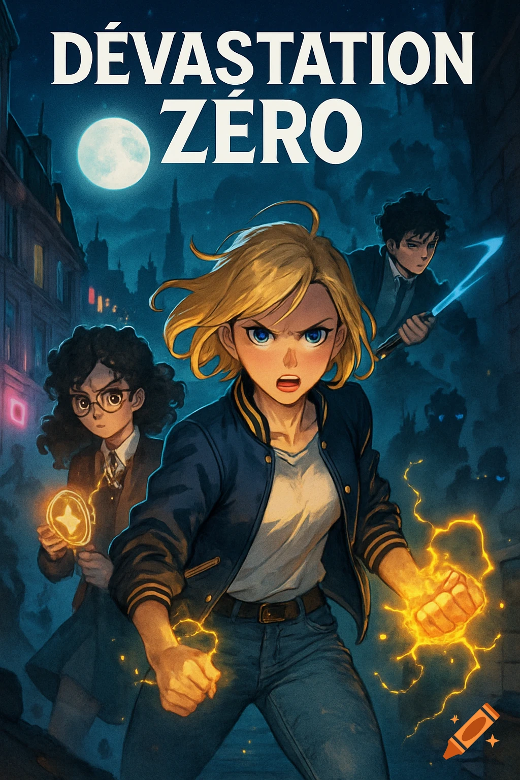 Anime-style book cover: A blonde girl with electric fists, a girl with a glowing talisman, and a boy with a light sword ready for battle in a dark city.