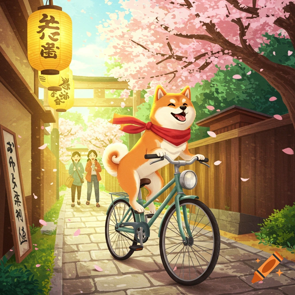 A happy Shiba Inu wearing a red scarf rides a bicycle down a cherry blossom-lined street in a vibrant anime style.