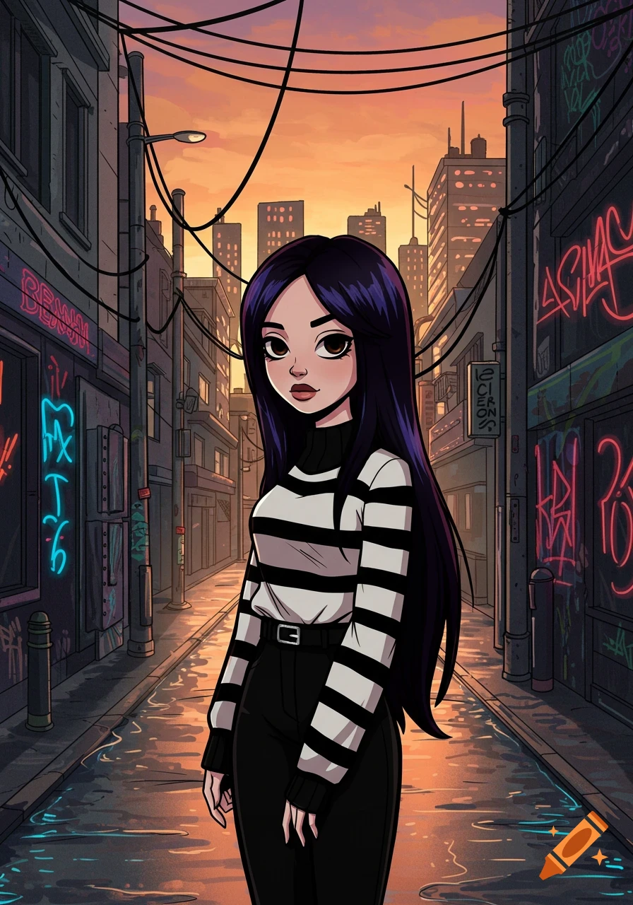 Cartoon girl with dark hair in a striped sweater and black pants in a neon-lit urban alley at sunset.