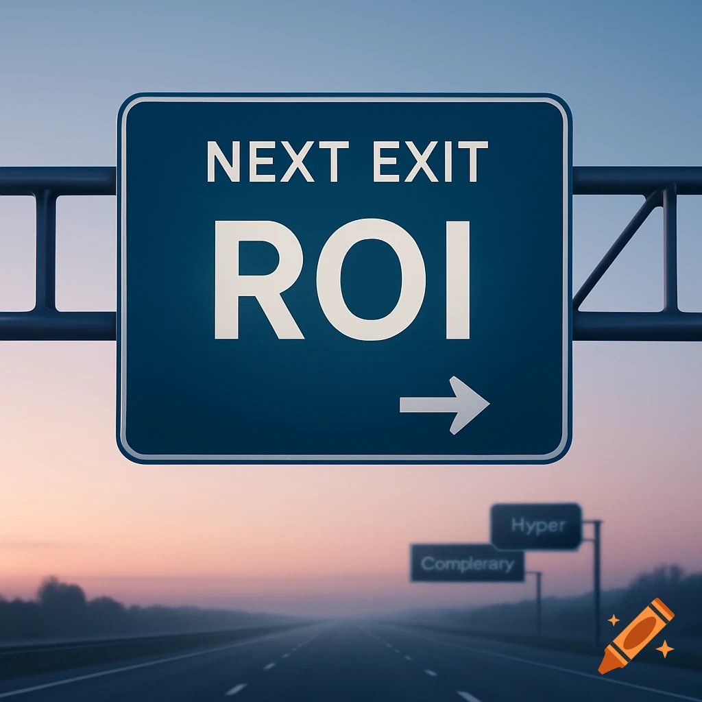 A futuristic highway sign displays "NEXT EXIT ROI" with an arrow, over a road at sunset. Blurred signs for "Hyper" and "Complerrary" fade in the distance.
