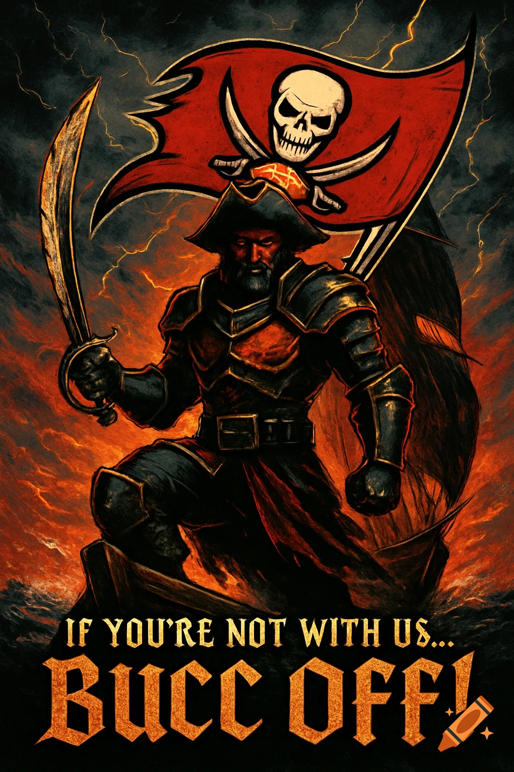 Stylized illustration of a pirate captain with a sword, a skull flag, and a ship. Text says 'IF YOU'RE NOT WITH US...BUCC OFF!'.
