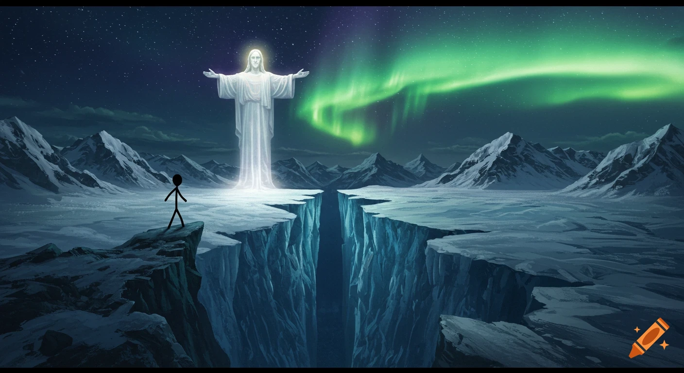 An illustration of a stick figure on a cliff facing a glowing Jesus-like figure across a chasm in a snowy, aurora-lit mountain landscape.