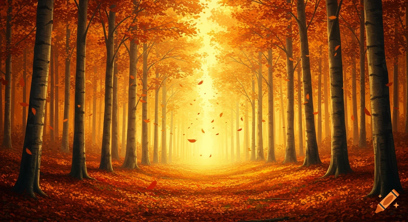 A vibrant illustration of an autumn forest with tall trees, a path, golden light, and orange leaves covering the ground and falling.