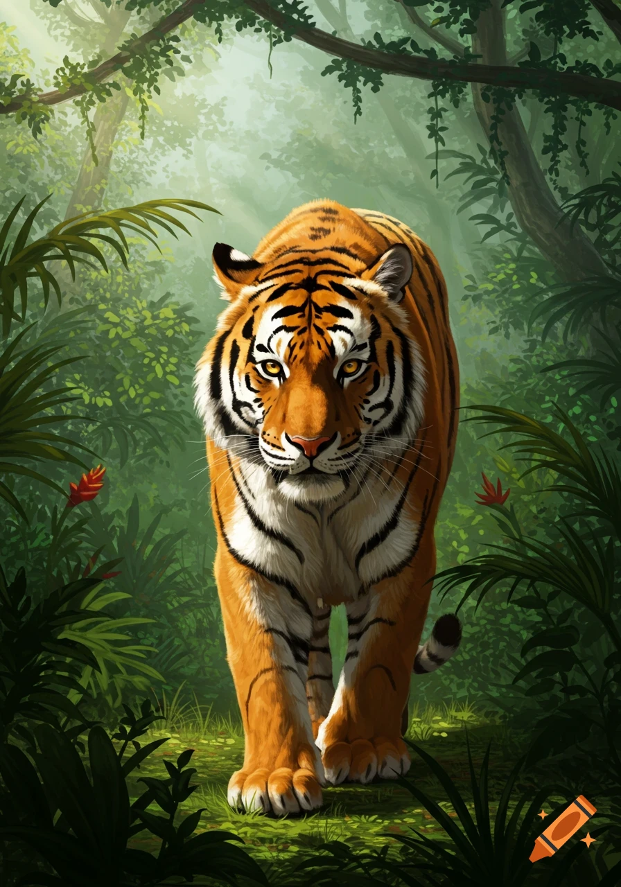 A majestic orange and black striped tiger with intense golden eyes walks directly towards the viewer through a vibrant, lush green jungle with dappled sunlight, in a digital painting style.