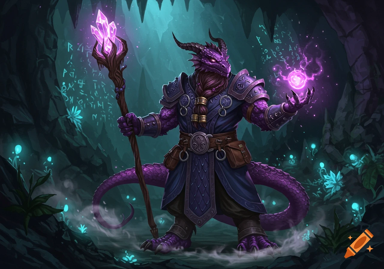 Purple-scaled draconic sorcerer in armor, holding a crystal staff and casting a spell, stands in a glowing, runic cave.