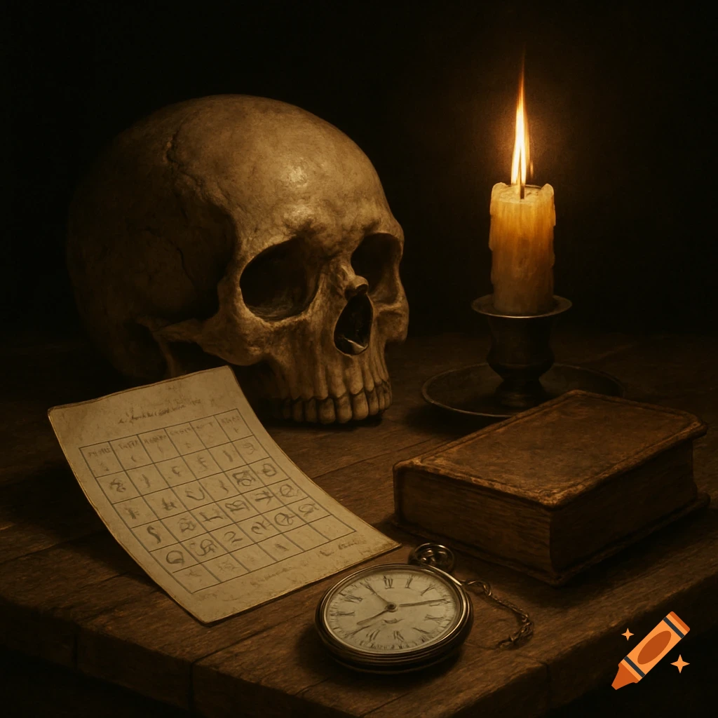 Still life of a skull, lit candle, old book, pocket watch, and paper with symbols on a dark wooden table.