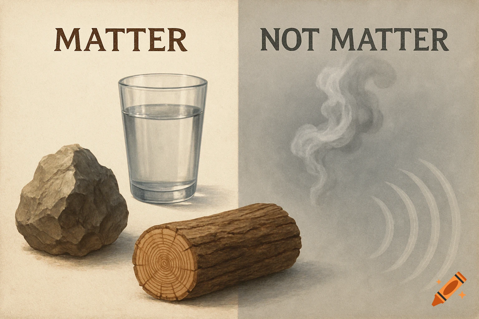 An educational illustration depicting a rock, water in a glass, and a log under "MATTER" on the left, and smoke and sound waves under "NOT MATTER" on the right.