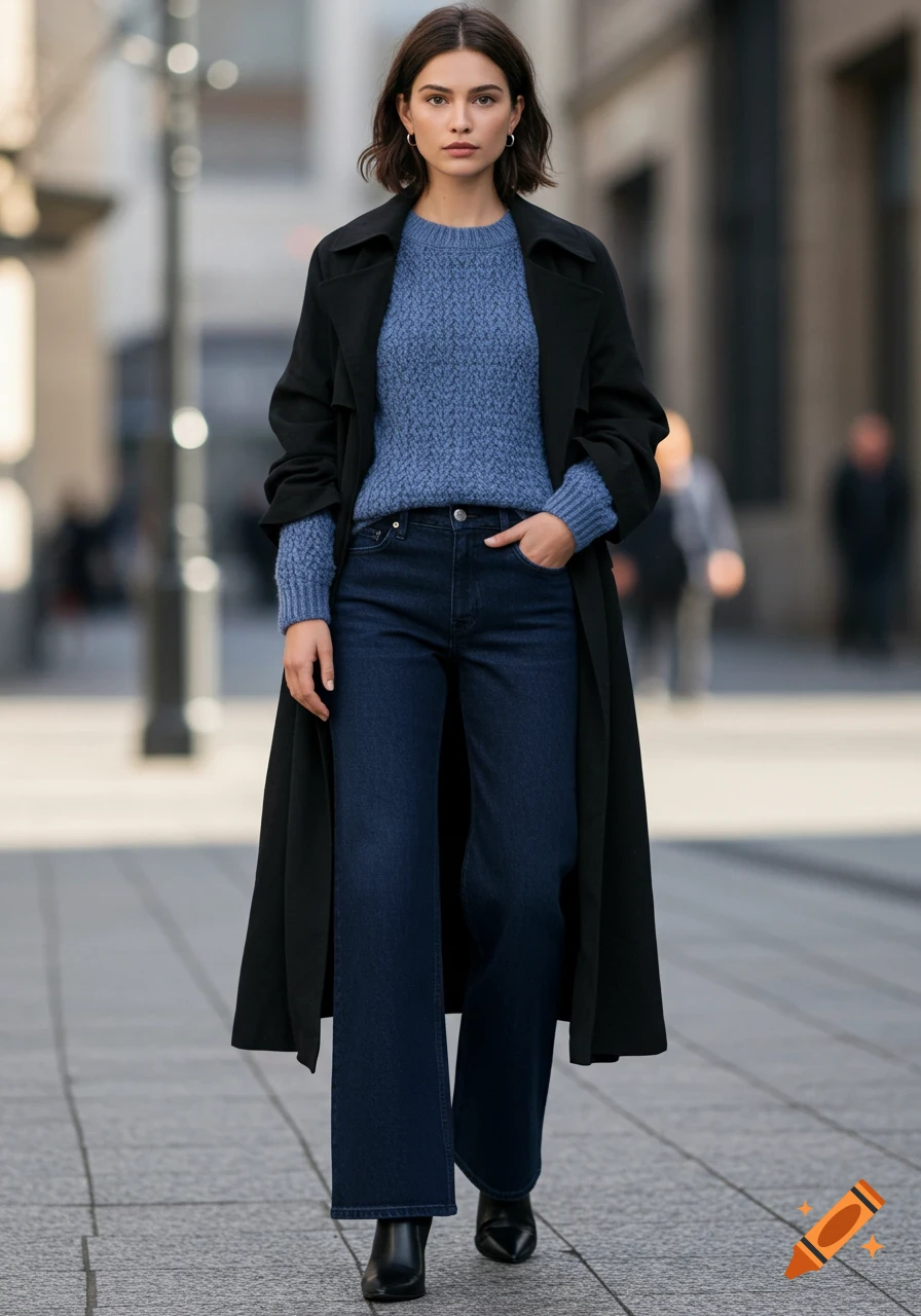 A woman in a black trench coat, blue knit sweater, navy wide-leg jeans, and black ankle boots stands on an urban street.