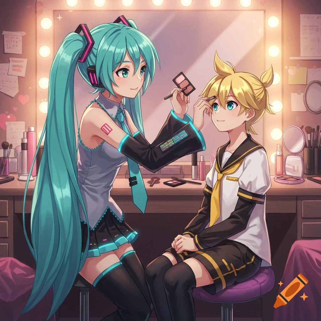 Hatsune Miku, with long turquoise pigtails, applies makeup to Kagamine Len in a brightly lit dressing room with a mirrored vanity and stage lights.